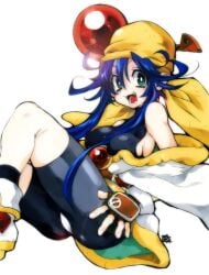 1990s_(style) android ass bandana bare_shoulders blue_hair breasts female female_focus fingerless_gloves gloves green_eyes highres legs light-skinned_female light_skin lime_(saber_j) long_hair looking_at_viewer saber_marionette_j smile thick_thighs wide_hips