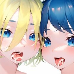 ai_generated blue_eyes blue_hair chris cum cum_in_mouth cum_on_tongue day_when_world_become_free face_to_face hami light_hair looking_at_viewer open_mouth short_hair tongue tongue_out