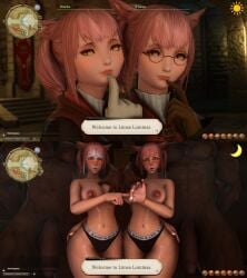 2koma 3d before_and_after big_breasts blacked_clothing blush breast_grab dark-skinned_male dark_skin final_fantasy final_fantasy_xiv forced_exposure gesture gpose(ffxiv) grabbing grope groping interracial kawaii_awww miqo'te naked naughty prostitute prostitution public tagme twintails