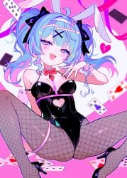 1girls ace_of_clubs ace_of_hearts animal_ears bare_arms bare_shoulders black_leotard blue_eyes blue_hair blush bow bowtie breasts broken_heart card cleavage clothing_cutout club_(shape) covered_navel cuffs cutout_above_navel detached_collar fake_animal_ears fishnet_pantyhose fishnets fymrie hair_ornament hairbow handcuffs hatsune_miku heart heart-shaped_pupils heart_cutout high_heels leotard long_hair looking_at_viewer medium_breasts multicolored_hair necktie open_mouth pantyhose pink_background pink_theme playing_card rabbit_ears rabbit_hair_ornament rabbit_hole_(deco*27/caststation) rabbit_hole_(vocaloid) raised_eyebrows red_bow red_necktie smile smug solo spade_(shape) spaghetti_strap spread_legs symbol-shaped_pupils teardrop_facial_mark twintails two_tone_hair vocaloid x_hair_ornament