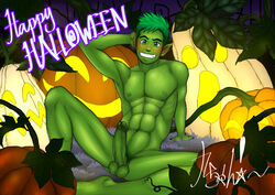 1boy beast_boy boner dc erect_penis erection green_penis green_skin halloween kyuuchan male male_focus male_only naked nude pumpkin solo solo_male teen_titans