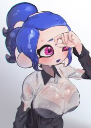 1girls blue_eyes blue_hair bra bra_visible_through_clothes breasts cephalopod_eyes doro_mizu_831 eyebrows eyelashes female female_only gradient_background grey_background higres large_breasts medium_hair octoling octoling_girl one_eye_closed open_mouth pink_eyes ponytail see-through shirt simple_background solo solo_female solo_focus splatoon splatoon_(series) sweat tentacle_hair upper_body waka-chan_(doro_mizu_831) wet wet_clothes wet_shirt