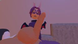 1femboy bat_wings bunny_ears demithefemboy05 femboy purple_clothing purple_hair rec_room rec_room_avatar splenda_(rec_room) square_glasses surprised