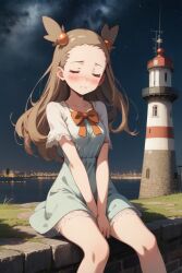 ai_generated blush closed_eyes female female_only jasmine_(pokemon) jasmineolivine lighthouse night ocean pokemon starry_sky suggestive sundress teal_dress