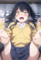 1girls ai_generated black_hair blush breasts crying crying_with_eyes_open female looking_at_viewer lying mieruko-chan on_back on_top open_mouth pillow pov rape school_uniform schoolgirl skirt spread_legs streaming_tears tears teenager yellow_eyes yotsuya_miko young