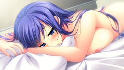 areolae atou_subaru bed blue_eyes blue_hair blush breast_press breasts chuablesoft female game_cg highres huge_breasts kunai_uri long_hair looking_away lying nipples noblesse_of_rouge nude on_stomach pillow solo