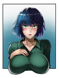 blue_hair blush breasts fubuki_(one-punch_man) green_eyes huge_breasts large_breasts one-punch_man pop_out sweat