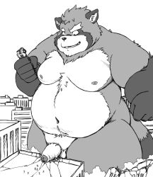 2024 anthro balls belly big_belly building canid canine dekatanu detailed_background genitals hi_res kemono macro male mammal moobs navel nipples outside overweight overweight_male penis raccoon_dog solo_focus tanuki