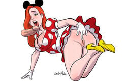 anal_fingering animal_ears ass blush breasts cleavage color cosplay disembodied_penis disney dress fingering gloves green_eyes hair hair_over_one_eye half-closed_eyes high_heels jessica_rabbit large_breasts long_hair minnie_mouse minnie_mouse_(cosplay) oral penis penis_lick pussy red_hair solo_focus stickymon throat tongue tongue_out who_framed_roger_rabbit