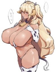 blonde_hair blush cow_ears cow_girl cow_horns cow_print cow_print_bikini cow_print_thighhighs cow_tail dark-skinned_female dialogue ellipsis gloves gyaru hand_on_breast hands_on_breasts huge_breasts japanese_text large_horns long_gloves looking_at_viewer nasakene purple_eyes spoken_ellipsis tail talking_to_viewer text thick_thighs twintails wide_hips