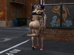 3d alley big_ass big_breasts big_butt bimbo colored_hair daz_studio dzcelestial3d erection exhibitionism feet female female_only futa_on_futa futanari human hyper hyper_lips kissing light-skinned_female light-skinned_futanari lips making_out partially_clothed public public_nudity