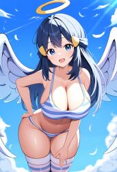 1girls ai_generated angel angel_wings aroused aroused_face aroused_female big_breasts blue_eyes blue_hair blush blushing_at_partner blushing_at_viewer blushing_female breasts busty busty_female cleavage cloud clouds cosplay curvaceous curvy curvy_female curvy_figure dawn_(pokemon) fantasizing fantasy feathered_wings feathers female female_focus female_only halo hand_on_hip hand_on_thigh hips huge_breasts long_hair panties plump_thighs pokemon pokemon_dppt presenting_body presenting_breasts sky stable_diffusion stockings thedawn_hikari thick_thighs thighs tummy wide_hips wide_thighs