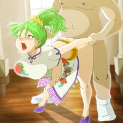 1boy 1girls animated arm_grab ass bent_over big_breasts blush bouncing_breasts breasts cfnm china_dress chinese_clothes clothed clothed_female_nude_male clothed_sex crown cum doggy_style ds-djinn earrings fat_man female green_eyes green_hair hair_ornament legs lufia lufia_3 male melphis moaning nude open_mouth ponytail princess rough_sex saliva sex straight thighs tied_hair tongue