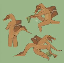 anthro anus ass balls blush clothed clothing clothing_around_one_leg dinosaur genitals hi_res male nude partially_clothed penis presenting presenting_anus presenting_hindquarters reptile scalie solo spinosaurid spinosaurus theropod underwear underwear_around_one_leg underwear_down zagz