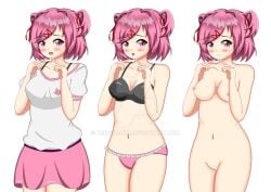 1girls blush blushing bra breasts clothed clothes clothing doki_doki_literature_club female female_only human naked naked_female natsuki_(doki_doki_literature_club) navel neeyooart neogustav nipples nude nude_female nudity panties pink_eyes pink_hair pussy solo underwear