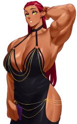 1girls adjusting_hair ali_(sotcho) big_breasts dress earrings female female_only long_hair looking_at_viewer modakawa_dress muscles muscular muscular_female narrowed_eyes red_hair slit_pupils smiling smiling_at_viewer solo sotcho very_high_resolution white_background yellow_eyes