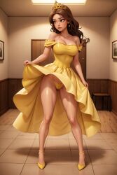 1girls ai_generated beauty_and_the_beast belle_(beauty_and_the_beast) high_heels league69 long_hair solo white_female yellow_dress