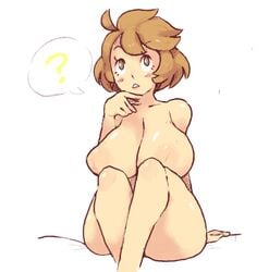 ? big_breasts breasts brown_eyes brown_hair inkerton-kun inkuusan inverted_nipples large_breasts mama-chan milf nipples nude rosy_cheeks sagging_breasts sitting sitting_on_bed thick_thighs