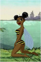 1girls 2000s 2009 bikini bumblebee_(dc) cartoongirls dark-skinned_female dark_skin dc dc_comics fairy female kneeling swimsuit teen_titans wings