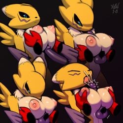 anthro balls bandai big_breasts breasts chest_tuft color cum digimon duo female fur gloves grope impmon licking looking_down male nipples open_mouth oral paizuri penis puffy_nipples renamon shiny squeezing straight tongue tongue_out tuft xylas