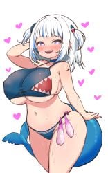 alternate_body_type alternate_breast_size arm_at_side arm_behind_head bikini blush condom drooling filled_condom gawr_gura heart heart-shaped_pupils hololive hololive_english hololive_myth horny horny_female huge_breasts huge_thighs kani_bonara naughty_face naughty_smile neoteny nipple_bulge sharp_teeth shortstack sweat thick_thighs virtual_youtuber wide_hips