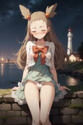 ai_generated blush closed_eyes dress_lift female female_only jasmine_(pokemon) jasmineolivine lighthouse night ocean pokemon starry_sky suggestive sundress teal_dress white_panties