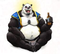 alcohol anthro aokamidu bear beer_bottle belly beverage big_belly blush bottle closed_eyes clothing container fangs flaccid genitals giant_panda jockstrap male mammal overweight penis smile solo teeth underwear