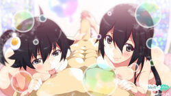 1boy 2girls abs araragi_karen araragi_tsukihi black_hair breast_press breasts brother_and_sister censored ffm_threesome fried_egg hair_ornament handjob licking licking_male_nipple light-skinned_female light-skinned_male light_skin long_hair mizuki_makoto monogatari_(series) multiple_girls multiple_handjob muscle muscular_male naughty_face nipple_licking nipples nude penis pov siblings smile threesome tsukimonogatari twin_handjob