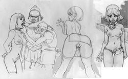 armor ass breasts centurion chains collage collar from_behind headgear helmet jjfrenchie large_breasts maid monochrome multiple_boys multiple_girls nude open_mouth pussy rome sketch slave soldier thighhighs uncensored