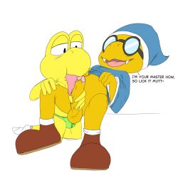 1:1 anthro balls blush bodily_fluids bondage bulge clothed clothing clothing_lift cody_(sml) dialogue duo english_text erection eyewear footwear foreskin genitals glasses handjob hi_res joseph_(sml) kamek koopa koopa_troopa licking male male/male mario_(series) nintendo open_mouth oral partially_clothed penile penis penis_lick petplay raised_clothing raised_shirt raised_topwear reptile roleplay scalie sex sharp_teeth shirt shirt_lift shoes socks supermariologan sweat teeth text tongue topwear turtle twerpishimp underwear