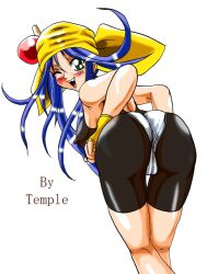 1990s_(style) ass bandana bare_shoulders blue_hair blush bodysuit breasts cameltoe cleft_of_venus covered_erect_nipples fangs female fingerless_gloves from_behind gloves green_eyes leaning leaning_forward lime_(saber_j) long_hair looking_at_viewer one_eye_closed open_mouth panties_over_bodysuit retro_artstyle saber_marionette_j shiny_clothes shiny_skin sideboob smile solo spandex temple_(artist) very_long_hair wink