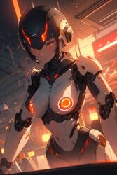 1robot_girl ai_generated cleavage curvy helmet metal_breasts metallic_body red_eyes robot_humanoid