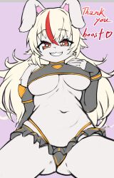 2024 anthro armwear ass belly big_breasts bottomwear bra breasts brown_eyes clothed clothing digital_media_(artwork) english_text eyebrow_through_hair eyebrows female fur hair heart_symbol hi_res kemono kurokurage13 lagomorph leporid long_hair looking_at_viewer mammal miniskirt navel nipple_outline panties partially_clothed rabbit skirt smile solo text thanking translucent translucent_hair under_boob underwear white_body white_fur white_hair