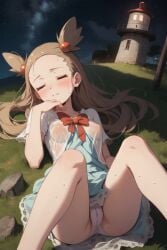 ai_generated blush closed_eyes female female_only jasmine_(pokemon) jasmineolivine lighthouse lying_on_back night pokemon sundress teal_dress white_panties