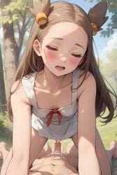 ai_generated cowgirl_position cum_in_pussy cumdrip jasmine_(pokemon) jasmineolivine moaning small_breasts straddling sundress white_dress