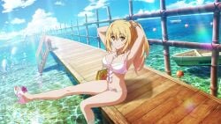 armpits arms_behind_head ass_visible_through_thighs bare_belly bare_legs bare_thighs barefoot big_breasts bikini blonde_hair bracelet cleavage feet necklace official_art outdoors pink_bikini ponytail sandals seaside shokuhou_misaki star_eyes thighs to_aru_majutsu_no_index toes water