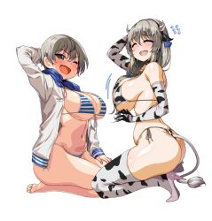 2girls alternate_version_available armwear ass big_breasts bikini bikini_bottom bikini_top blue_eyes blush bottomwear breasts cleavage closed_eyes cow_ears cow_print cow_print_armwear cow_print_bikini cow_print_legwear cow_print_thighhighs cow_tail daughter elbow_gloves fake_animal_ears fake_tail feet female female_only footwear gloves grey_hair hair hand_behind_head heels high_heels huge_breasts jacket legwear mature mature_female mature_woman milf mother mother_and_daughter multiple_girls one_eye_closed open_jacket rantia short_hair smile striped_bikini swimwear thick_thighs thighhighs thighs topwear uzaki-chan_wa_asobitai! uzaki_hana uzaki_tsuki wink winking