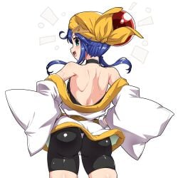 android artist_request ass bandana bare_shoulders big_ass bike_shorts blue_hair blush breasts bubble_butt female from_behind green_eyes highres light-skinned_female light_skin lime_(saber_j) long_hair looking_at_viewer looking_back open_mouth panties_over_bodysuit saber_marionette_j shiny_clothes shiny_skin smile solo thong thong_over_leggings wide_hips