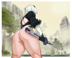 big_ass big_butt fat_ass fighting fighting_stance nier:_automata nier_(series) osumaruart robot robot_girl robot_humanoid sweat sweatdrop sweating wet wet_body wet_pussy white_hair yorha_2b