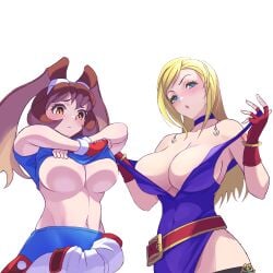 2girls alternate_breast_size animal_ears annoyed arina_makihara big_breasts blonde_hair blue_eyes bonne_jenet breasts brown_eyes brown_hair busty choker cleavage closed_mouth clothes_lift clothes_pull company_connection covered_navel crossover dress ema_(emaura) fatal_fury female female_only fingerless_gloves garou:_mark_of_the_wolves gloves highres king_of_fighters large_breasts lifted_by_self long_hair makihara_arina midriff multiple_girls navel open_mouth pants pulled_by_self purple_choker purple_dress rabbit_ears rabbit_girl red_gloves sigh snk spandex teenager underboob undressing voluptuous waku_waku_7