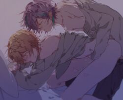 2boys gay kamishiro_rui lifted_by_another pillow_hug project_sekai railing ruikasa tenma_tsukasa