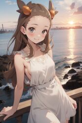 ai_generated beach female female_only jasmine_(pokemon) jasmineolivine looking_at_viewer ocean pokemon suggestive_look sundress sunset white_dress