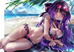 bangs beach bikini black_bikini black_choker black_nails blush bow braid breasts choker cleavage closed_mouth day eyewear_on_head female frilled_bikini frills hairbow heart heart-shaped_eyewear kurumi_(vtuber) large_breasts long_hair looking_at_viewer lying multicolored_hair nail_polish navel ocean on_side outdoors purple_hair red_eyes smile solo sunglasses swimsuit symbol-shaped_pupils thighs virtual_youtuber wet