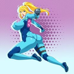 ass blonde_hair blue_eyes bodysuit boots breasts covered_nipples devil-v female female_only gun high_ponytail highres human large_breasts long_hair metroid mole nintendo open_mouth outstretched_arm ponytail samus_aran sideboob skin_tight solo thigh_strap tied_hair weapon wedge_boots wedge_heels zero_suit zero_suit_samus