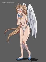 belldandy blush bruise covering_breasts facial_mark hotgum oh_my_goddess! panties small_breasts torn_panties