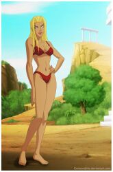 1girls bikini blonde_hair breasts cartoongirls curvy curvy_body curvy_female dc_comics dcamu deviantart deviantart_username female female_only hand_on_hip kara_zor-el kryptonian red_bikini red_bra red_panties slim_waist solo solo_female supergirl superman/batman:_apocalypse superman_(series) swimsuit swimwear two-piece_swimsuit two_piece_swimsuit