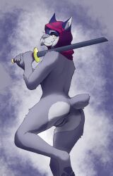 anthro anus ass asuri_(brawlhalla) brawlhalla felid feline female fur genitals grey_body grey_fur hi_res holding_katana holding_object holding_sword holding_weapon hood hood_only katana looking_at_viewer looking_back looking_back_at_viewer lynx mammal melee_weapon nude pussy ququqee399e short_tail solo sword tail weapon whiskers