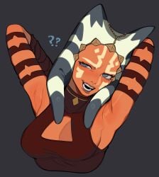 1girls ahsoka_tano alien alien_girl arm_strap arm_straps armpit_crease armpit_fetish armpit_peek armpit_pose armpit_sex_invitation armpits arms_behind_head arms_up big_breasts blue_eyes blush blushing boob_window breasts cleavage_cutout clevage clone_wars female female_only head_tentacles jedi jedi_padawan medium_breasts orange_skin porqueloin presenting_armpit presenting_armpits seductive seductive_eyes seductive_look seductive_smile sideboob smile smiling star_wars text the_clone_wars:_season_three togruta