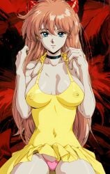 ai_generated asuka_langley_sohryu black_collar blue_eyes fanart gainax legs long_hair milkywayarts neon_genesis_evangelion nipples_visible_through_clothing orange_hair panties pixai red_background smile yellow_dress