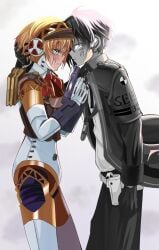 aegis_(persona) aigis_(persona) armband armor blonde_hair blue_eyes chains dark_persona earphones evoker gloves gun highres holster jacket joints makoto_yuki persona persona_3 persona_3_reload red_ribbon ribbon robot shadow_(persona) shirt tears visor_(armor) walkman weapon white_shirt yukiart_83